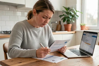 Femme examinant un relevé bancaire à la recherche d'un prélèvement ADIS inconnu sur son compte