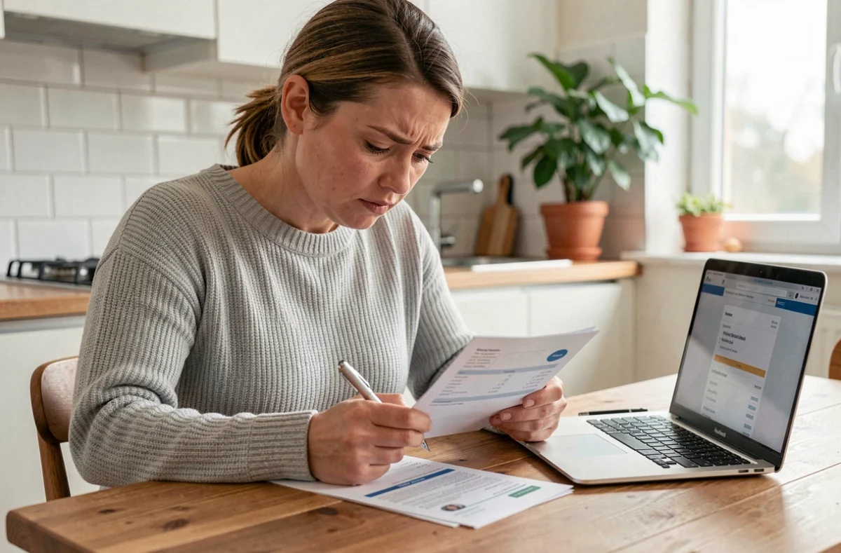 Femme examinant un relevé bancaire à la recherche d'un prélèvement ADIS inconnu sur son compte