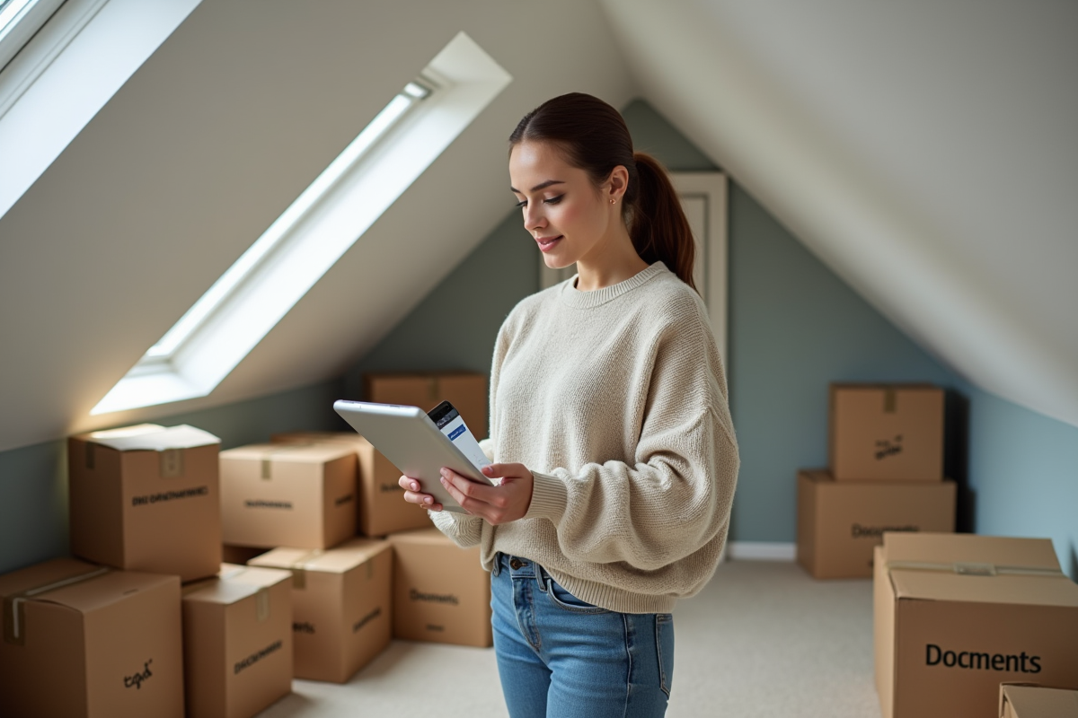 Femme dans un grenier rénové tenant une tablette numérique