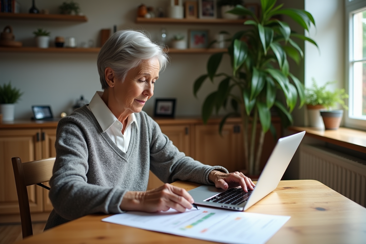 Femme retraitée examine documents de pension à la maison