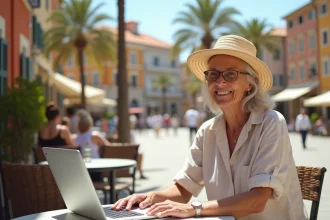 Femme retiree souriante en terrasse ensoleillee
