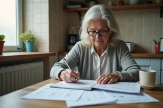 Femme retraitée consultant son calendrier de paiement retraite complémentaire 2026 à la table de cuisine