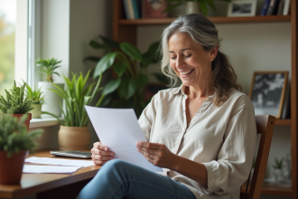 Femme d'âge moyen souriante dans un salon cosy