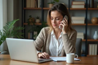 Femme au téléphone dans un espace de vie moderne