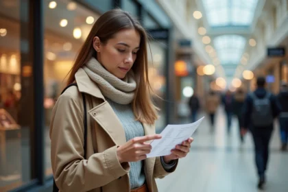Femme en trench et écharpe dans un centre commercial