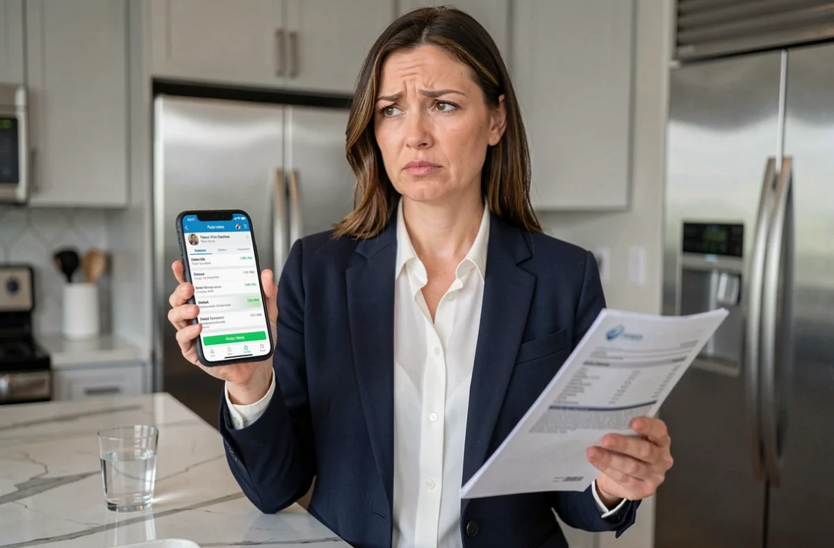 Femme consultant son application bancaire sur smartphone pour identifier un prélèvement ADIS avec un contrat en main