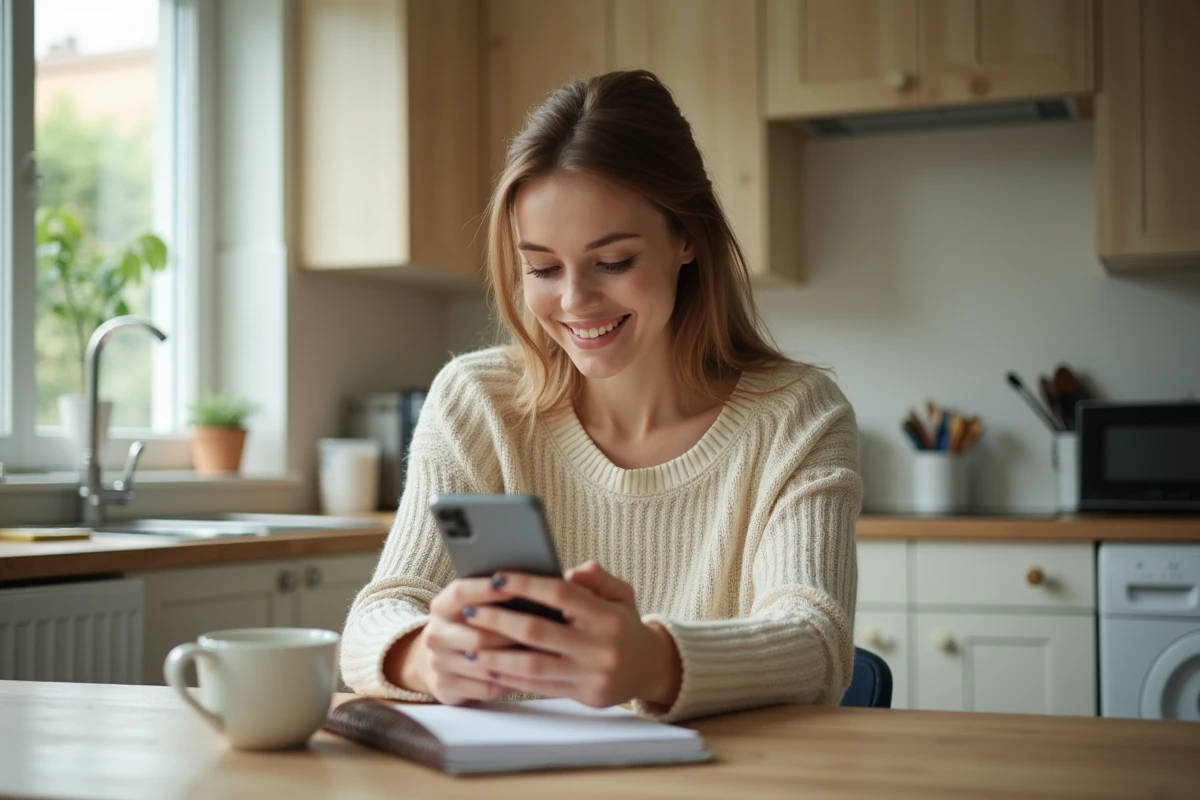 Jeune femme utilisant une application sur smartphone dans une cuisine chaleureuse