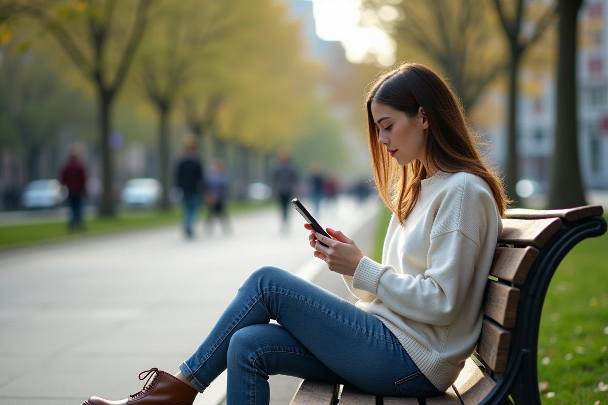 Femme utilisant une application Ripple sur son smartphone dans un parc