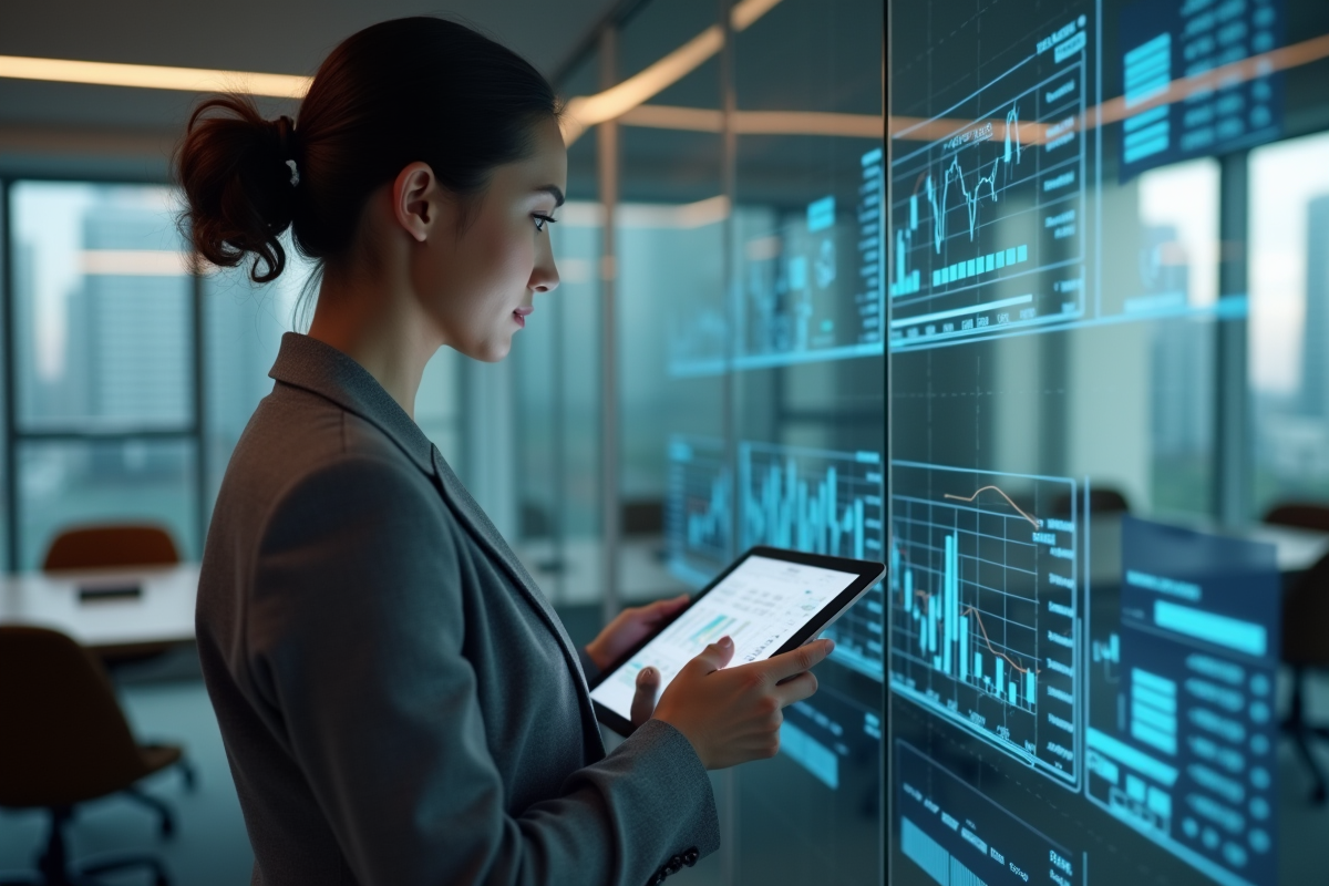 Femme utilisant une tablette pour comparer des logiciels de trading