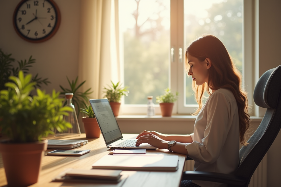 Jeune femme travaillant à un bureau lumineux avec un ordinateur