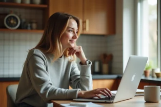 Jeune femme travaillant sur son ordinateur dans la cuisine