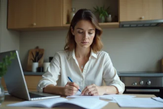 Femme travaillant à domicile avec documents et ordinateur