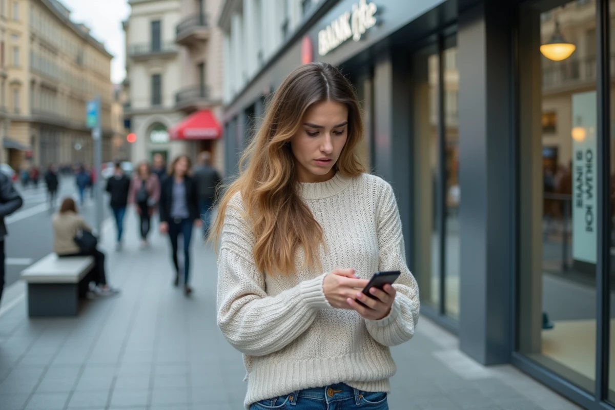 Jeune femme dans la rue regardant son smartphone inquiète