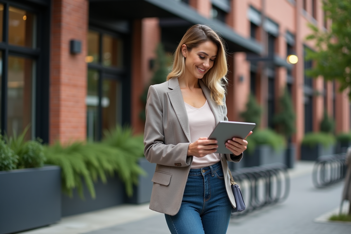Femme indépendante vérifiant ses détails de pension devant un espace de coworking