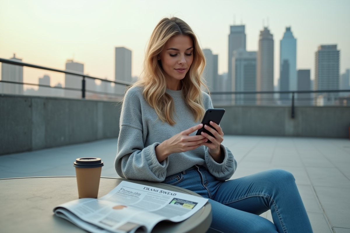 Femme en sweat checkant les mises à jour crypto sur smartphone