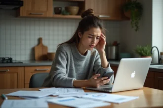 Femme stressée vérifiant un virement CAF manquant sur son smartphone avec des documents CAF étalés sur la table
