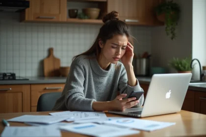 Femme stressée vérifiant un virement CAF manquant sur son smartphone avec des documents CAF étalés sur la table