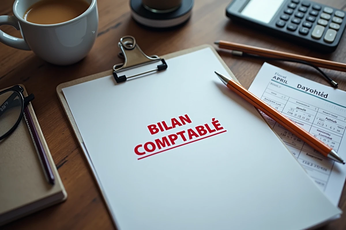 Vue de dessus des documents comptables, calendrier fiscal et outils de bureau pour préparer le bilan 2026
