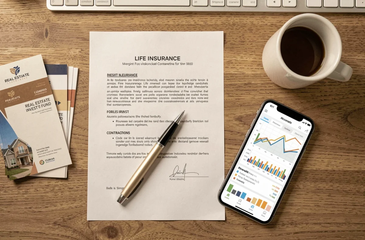 Vue aérienne d'un bureau avec contrat d'assurance-vie, brochures SCPI et smartphone affichant une allocation de portefeuille