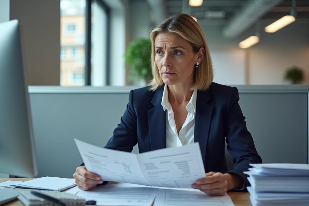 Fonctionnaire française examinant ses fiches de paie dans un bureau administratif public en 2026