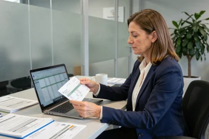 Fonctionnaire examinant des fiches de paie dans un bureau administratif moderne, comparant salaire brut et net dans la fonction publique