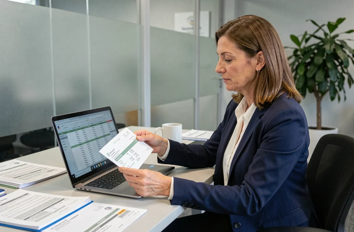 Fonctionnaire examinant des fiches de paie dans un bureau administratif moderne, comparant salaire brut et net dans la fonction publique