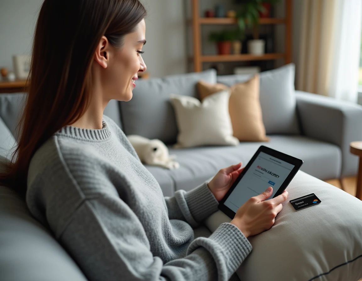 Jeune femme gérant la transition vers Virtualis CMB sur une tablette depuis son salon, carte bancaire physique posée à côté