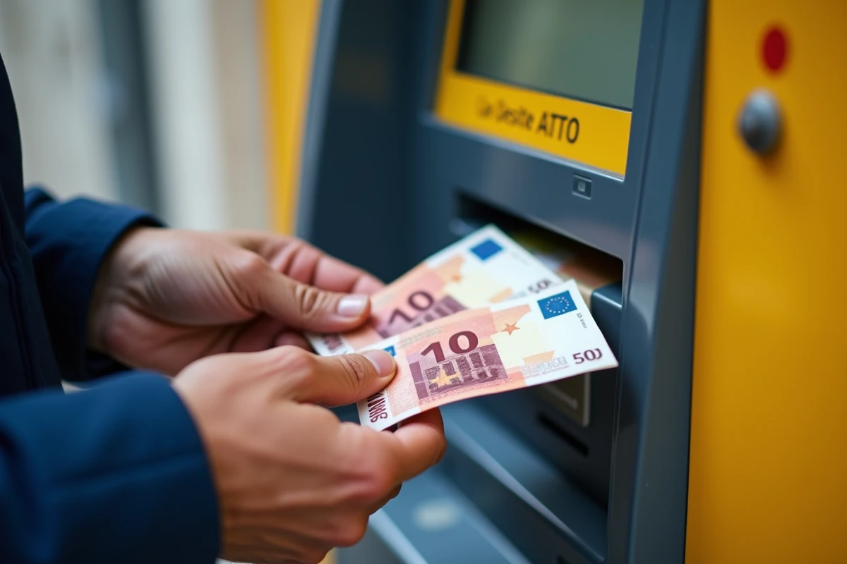 Gros plan de mains tenant des billets en euros devant un distributeur automatique La Banque Postale pour un dépôt d'espèces