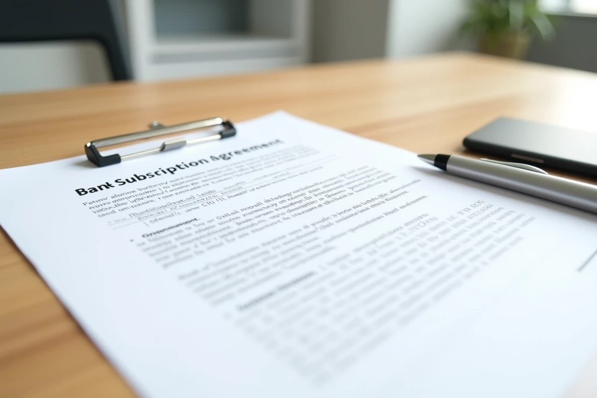 Gros plan d'un contrat d'abonnement bancaire Société Générale Progéliance Net posé sur un bureau en bois avec un stylo