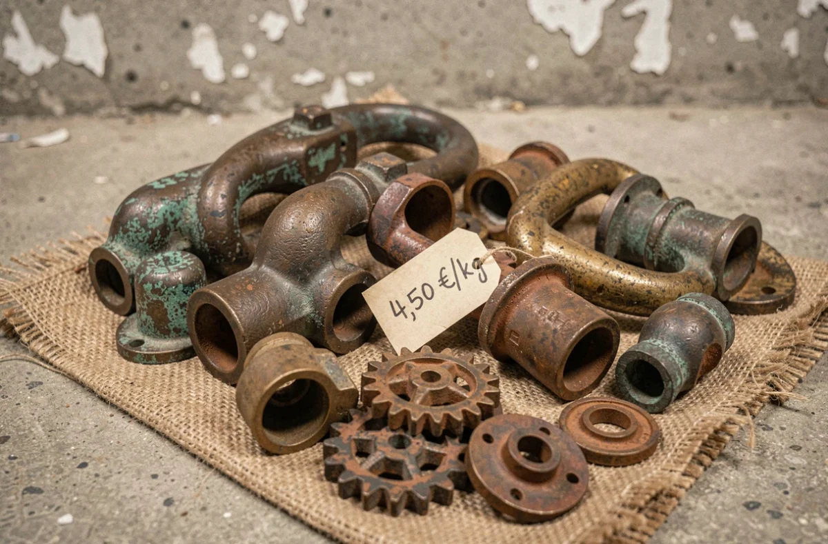 Gros plan sur des objets en bronze usagés et des pièces métalliques à recycler avec une étiquette de prix au kilo