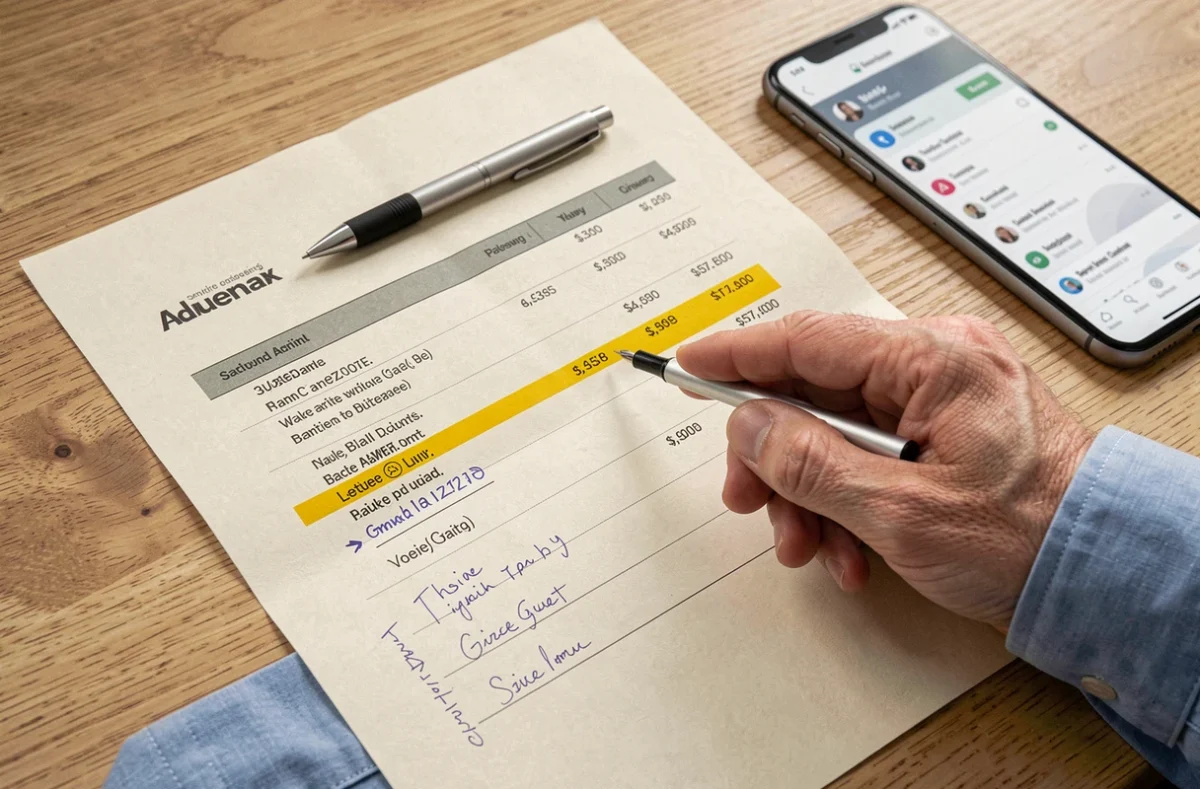 Gros plan sur un relevé bancaire annoté avec un prélèvement AMZ Digital FRA contesté et un stylo posé dessus