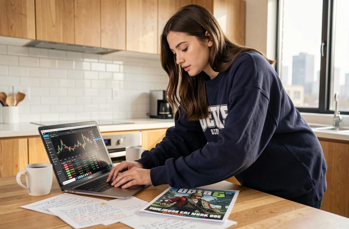Jeune femme consultant un guide GTA 5 Lester bourse sur son ordinateur portable dans une cuisine moderne