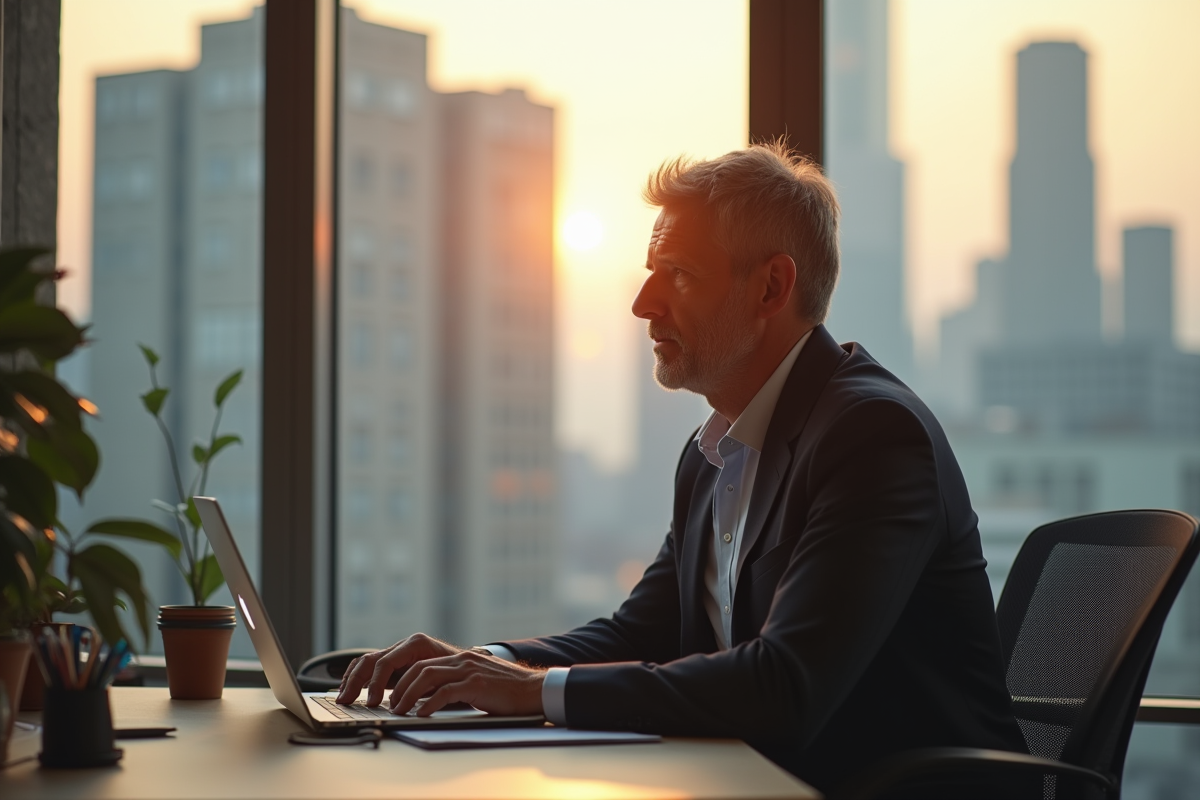 Homme d affaires fermant son ordinateur dans un bureau lumineux