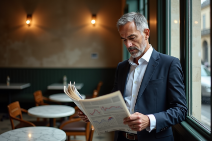 Homme d affaires français lisant un journal dans un café parisien