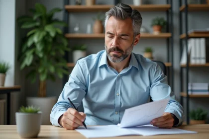 Homme d'affaires méditatif au bureau en train d'étudier un graphique