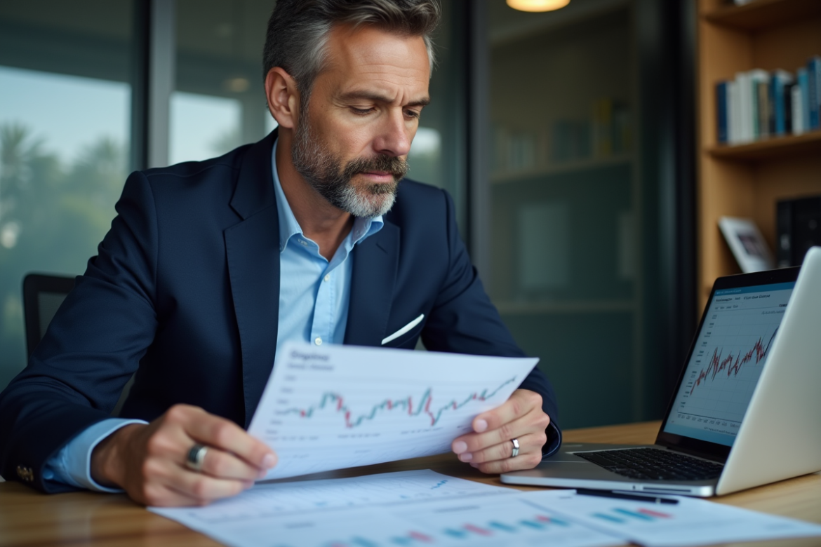 Homme d'affaires en costume regardant des documents financiers