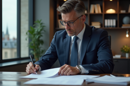 Homme d'affaires en costume regardant des documents de salaire