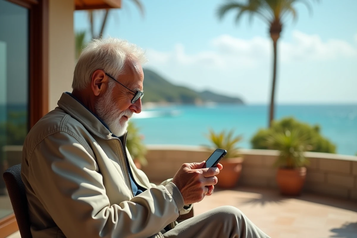 Homme age regardant la mer depuis un balcon