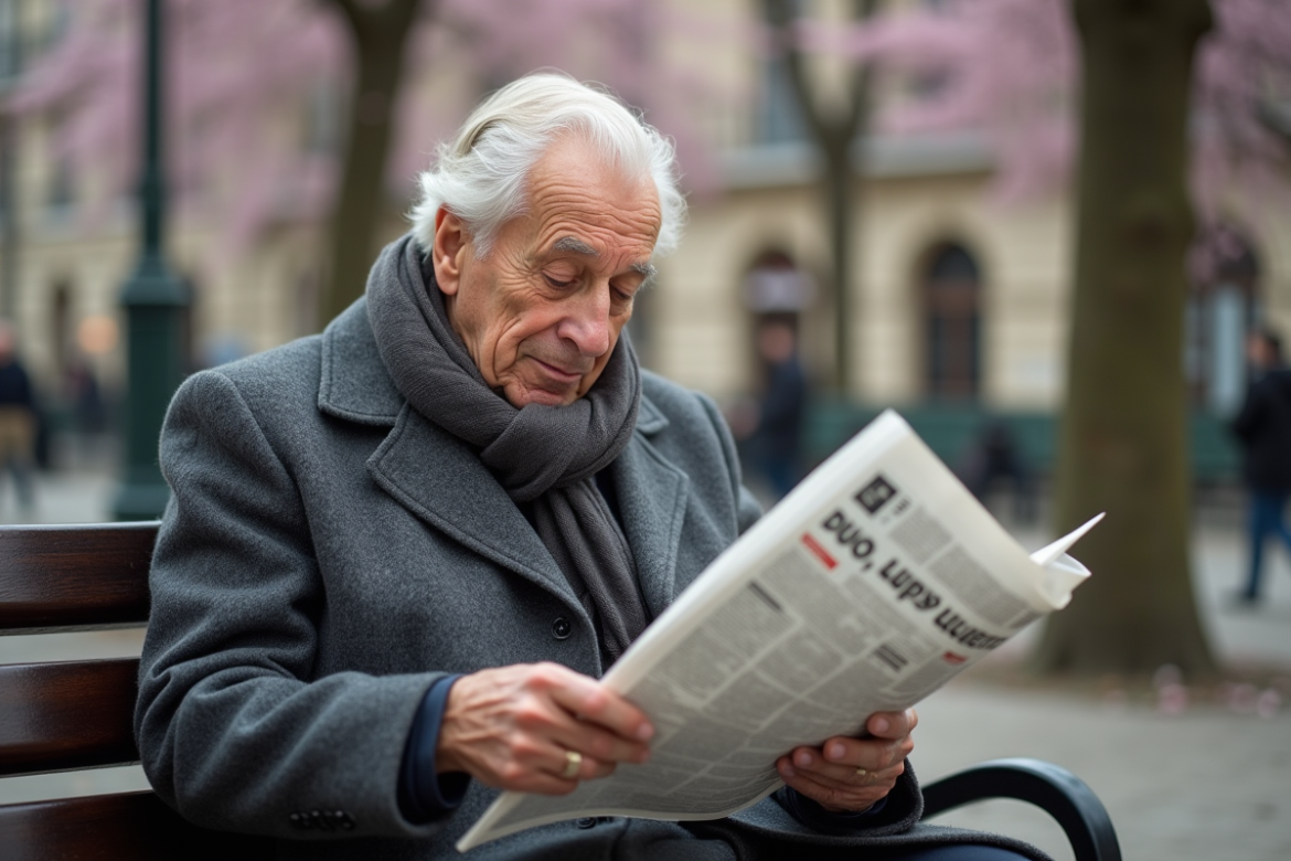 Homme âgé lisant un journal financier dans un parc parisien