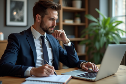 Homme en costume analysant des graphiques de cryptomonnaie