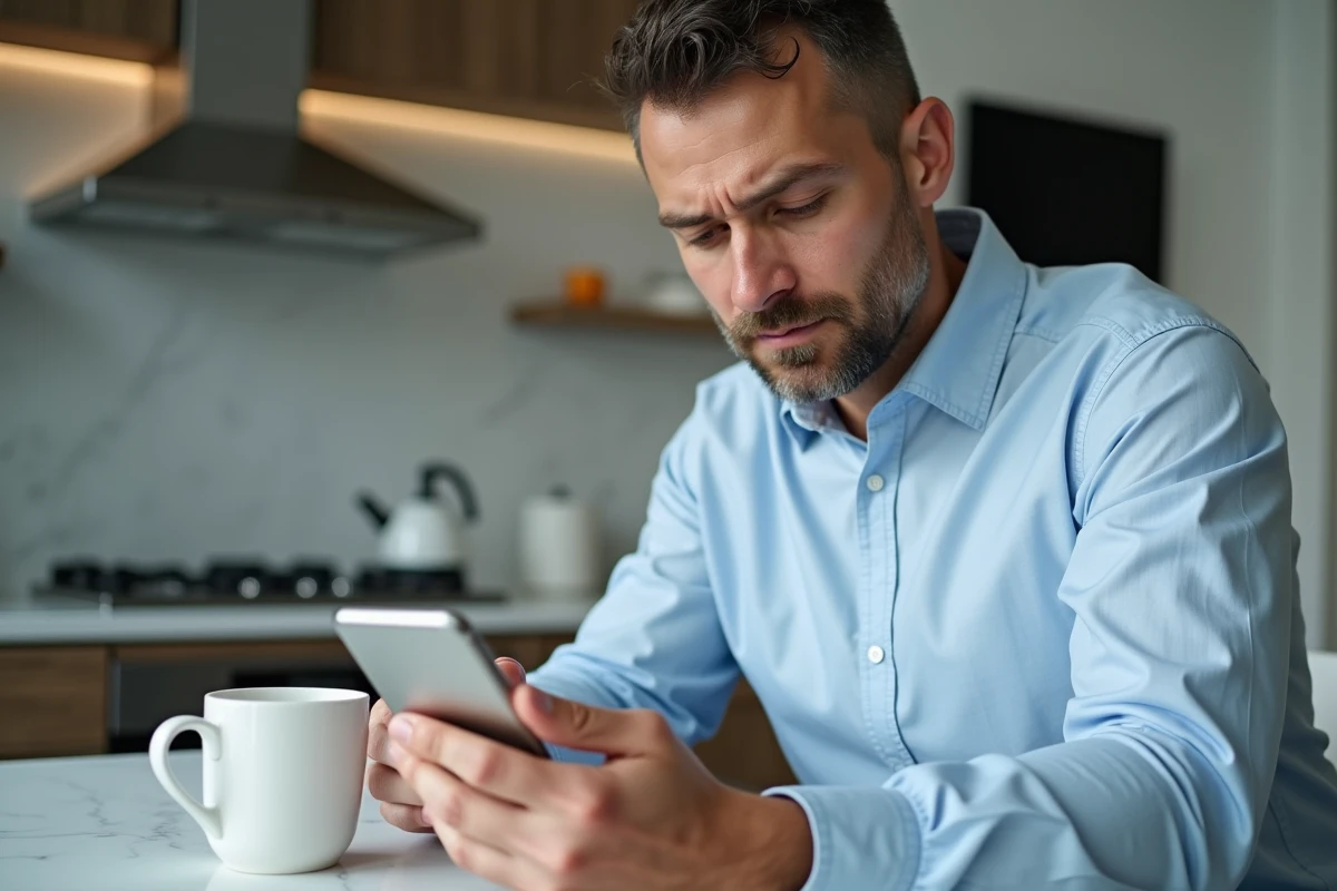 Homme analysant les libellés de transactions sur son application bancaire mobile
