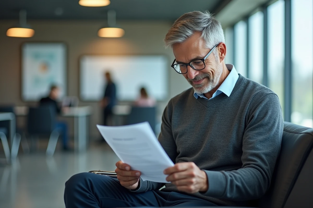 Homme lisant une lettre dans un espace de bureau moderne
