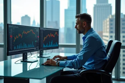 Homme d'affaires regardant les écrans de la bourse de New York