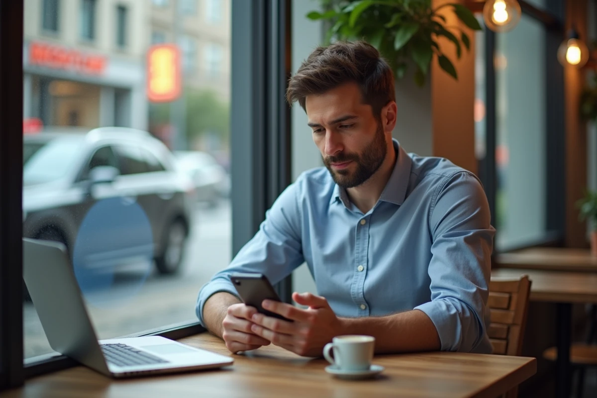 Homme au café utilisant son smartphone pour lire une notification