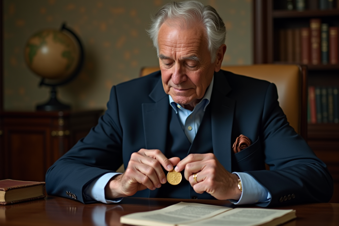 Homme âgé examinant une pièce d'or rare dans un bureau ancien