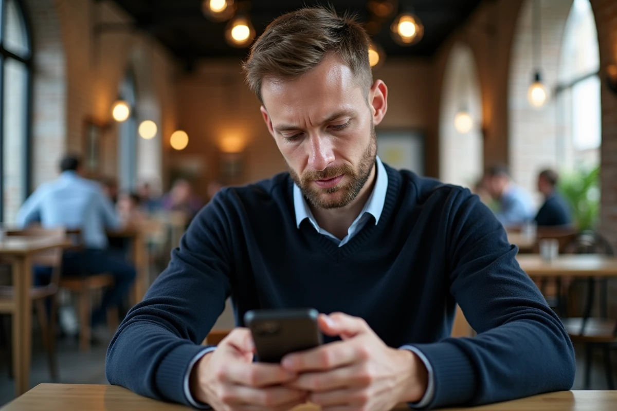 Homme comparant des offres d'assurance sur son smartphone dans un café moderne
