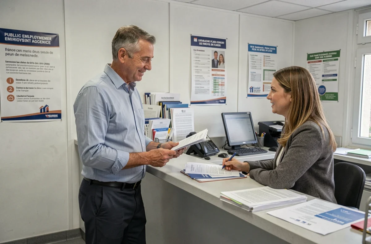 Homme consultant un conseiller emploi dans une agence publique française sur les salaires
