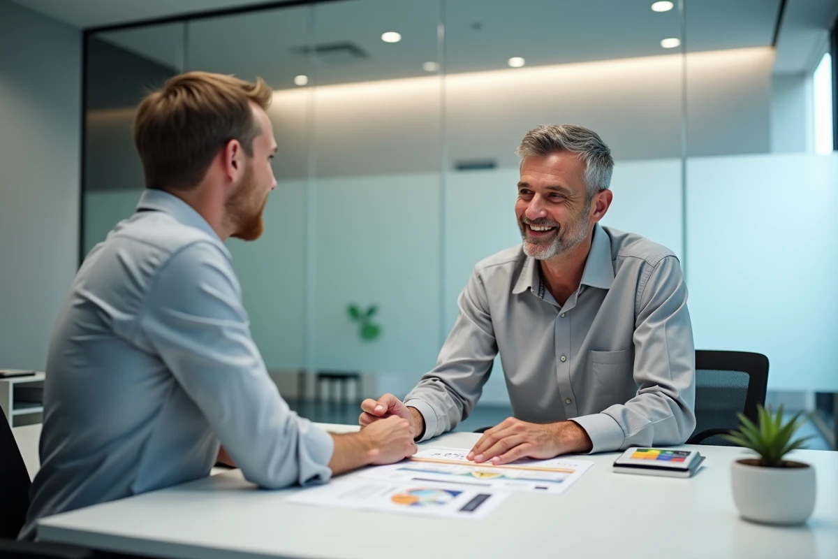 Homme consultant un conseiller en assurance pour optimiser ses cotisations Qlara en agence