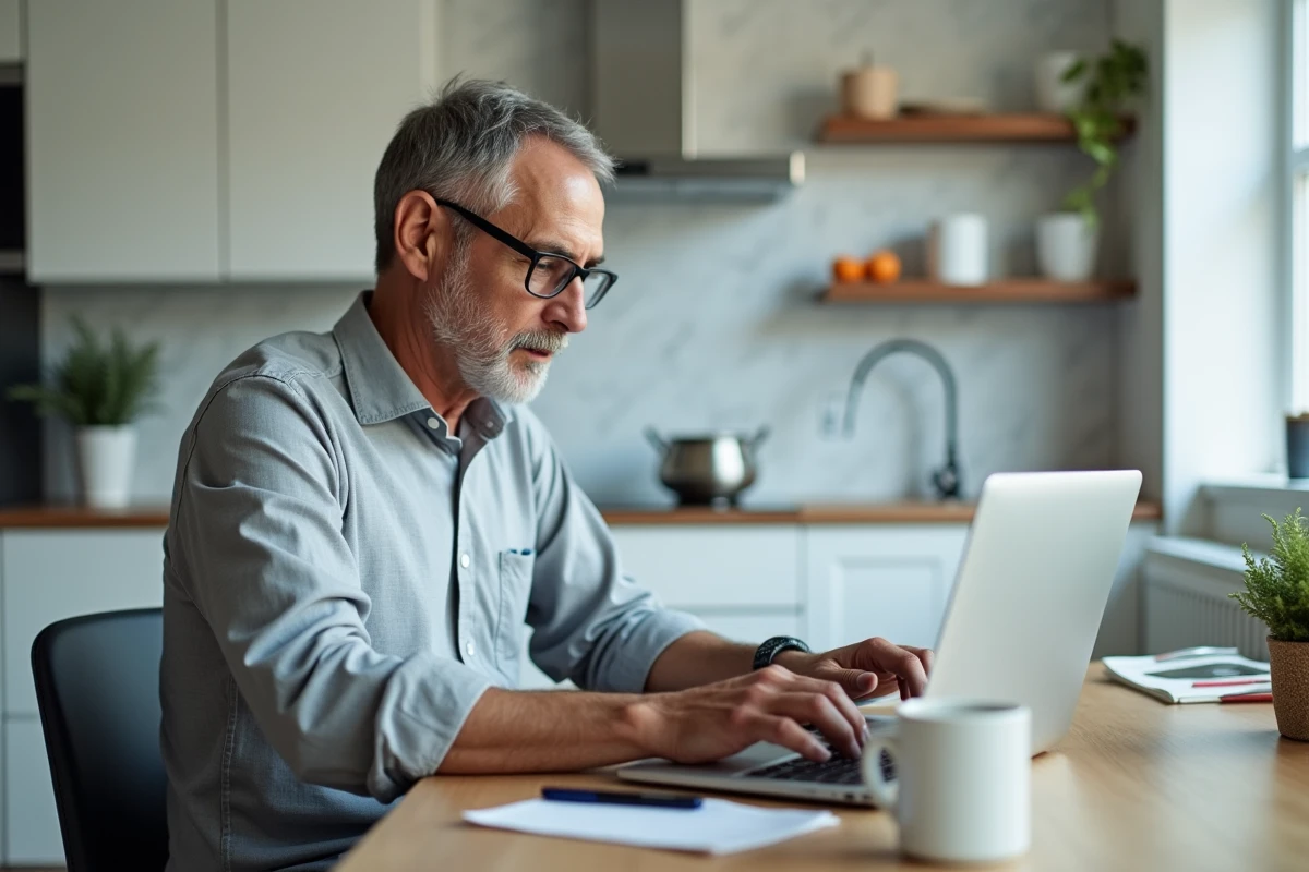 Homme consultant son contrat Progéliance Net sur un ordinateur portable dans une cuisine moderne