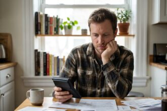 Homme en tenue décontractée réfléchissant à ses finances à la maison